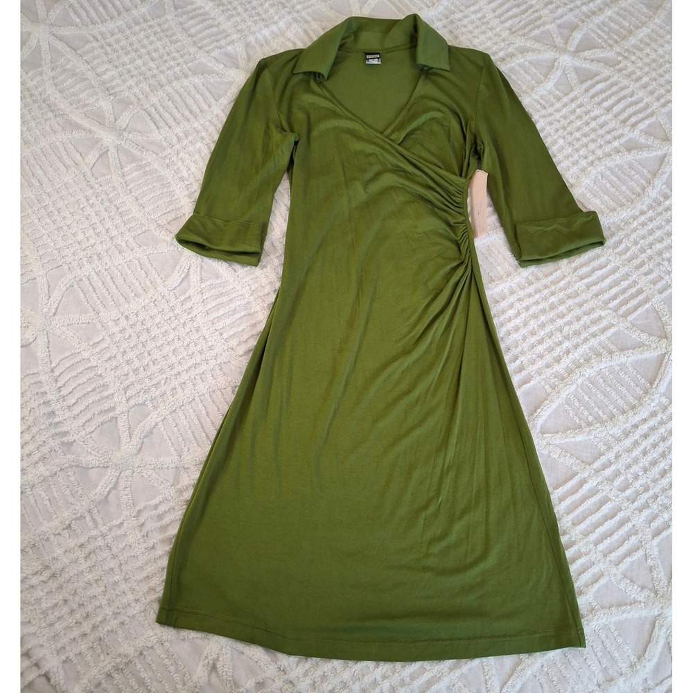 Anni‎ Kuan XS Olive Green Ruched Faux Wrap Dress Collared 3/4 Sleeve Travel NWT